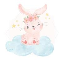 mignon bébé lapin rose est assis sur la peinture à l'aquarelle de nuage, animal de pépinière dessiné à la main isolé sur fond blanc illustration vecteur