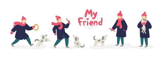 illustration d'une fille jouant avec un chien. vecteur. adolescente dans un manteau et un chapeau, avec un chien gris sans abri. style de dessin animé plat. le logo de mon ami. illustrations pour le refuge des animaux sans abri. vecteur