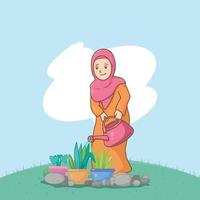 fille en hijab arrosant des fleurs vecteur