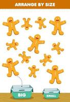 jeu éducatif pour les enfants organiser par taille grande ou petite mettez-le dans la boîte dessin animé nourriture collation pain d'épice images vecteur