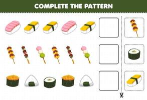 jeu éducatif pour les enfants compléter le modèle pensée logique trouver la régularité et continuer la tâche de rangée avec la cuisine japonaise sushi takoyaki yakitori dango onigiri vecteur