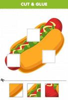 jeu éducatif pour les enfants coupez et collez des parties découpées de dessin animé mignon hotdog alimentaire et collez-les feuille de travail imprimable vecteur