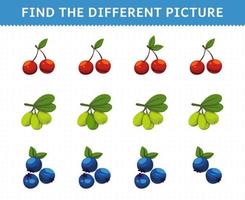 jeu éducatif pour les enfants trouver l'image différente dans chaque rangée fruits cerise olive myrtilles vecteur