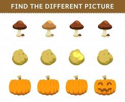 jeu éducatif pour les enfants trouver l'image différente dans chaque rangée légumes champignon pomme de terre citrouille vecteur