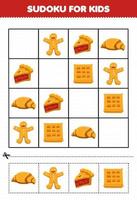 jeu éducatif pour les enfants sudoku pour les enfants avec dessin animé nourriture collation pain d'épice tarte croissant gaufre photos vecteur