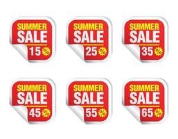 jeu d'icônes d'autocollant rouge de vente d'été. vente 15, 25, 35, 45, 55, 65 pour cent de réduction vecteur