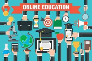 concepts de design plat éducation en ligne, apprentissage en ligne avec ordinateur portable, smartphone vecteur