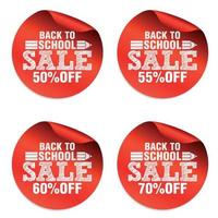 autocollants de vente rouges de retour à l'école avec icône crayon. vente 50, 55, 60, 70 pour cent de réduction vecteur