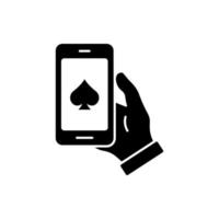 club de poker en ligne sur l'icône de silhouette noire de téléphone portable. casino internet dans le pictogramme de glyphe de téléphone portable. succès chanceux jackpot jeu symbole plat de carte de jeu. illustration vectorielle isolée. vecteur