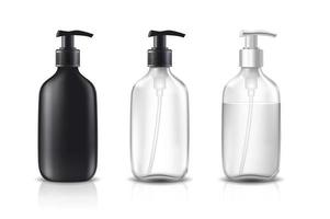 Flacons cosmétiques vectoriels réalistes 3d en verre noir, blanc et transparent. vecteur
