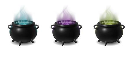 Icône réaliste 3d. chaudrons de sorcière noire sur feu de camp avec du bois avec à l'intérieur une potion magique verte, violette, bleue. isolé sur fond blanc. vecteur