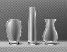 Collection d'icônes réalistes 3d. isolé. ensemble de différentes tailles et formes de vases en verre pour fleurs. vecteur