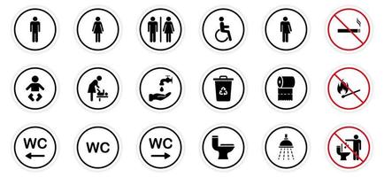 icône de silhouette de salle de toilette. ensemble de signe de wc. salle de bain, pictogramme de toilettes. toilettes publiques pour handicapés, hommes, femmes, transgenres. chambre mère et bébé. aucun signe de fumer. illustration vectorielle. vecteur