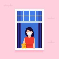 femme avec son chien regardant par la fenêtre