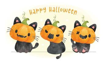 groupe de mignon tête de citrouille face à des chats noirs halloween aquarelle dessinés à la main illustration vecteur