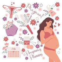 illustration d'une femme enceinte. concept de grossesse et de planification avec des éléments d'hygiène et de santé féminines, utérus, test de grossesse, calendrier d'ovulation. vecteur