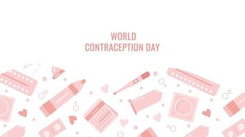 bannière, affiche de la journée mondiale de la contraception dans un style plat. différents types de contraception. méthodes de contrôle des naissances, protection contre les maladies. vecteur