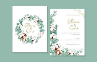invitation de mariage aquarelle avec fleur de coton et eucalyptus vecteur