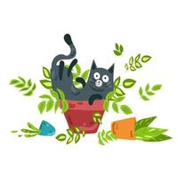 un chat noir est assis dans une fleur en pot. le chat farceur a retourné toutes les fleurs. illustration vectorielle vecteur