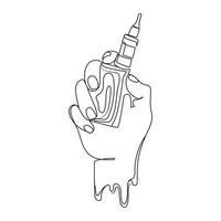 main de vecteur tenant le dessin au trait du vaporisateur de cigarette électronique, modèle de logo. main avec dessin au trait continu vape, conception du logo, emblème, appareil à fumer