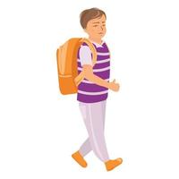 écolier debout avec sac à dos sur son dos illustration vectorielle isolée sur fond blanc. petit garçon avec sac à dos va à l'école et montre comme un geste de la main. concept de retour à l'école vecteur