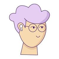 garçon étudiant avec un casque isolé sur fond blanc. un gars sympa avec des cheveux violets et des lunettes écoutant de la musique. illustration vectorielle vecteur