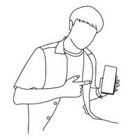 dessin au trait d'un homme tenant une illustration vectorielle de téléphone portable. dessin continu d'une ligne. homme d'affaires tenant un smartphone. vecteur