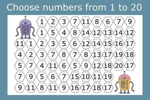 la tâche consiste à parcourir un labyrinthe de nombres de 1 à 20. exercices éducatifs pour les enfants d'âge préscolaire vecteur