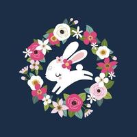 adorable lapin blanc avec des fleurs vintage vecteur