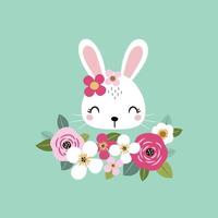 joli visage de lapin blanc avec des fleurs vintage vecteur