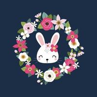 joli visage de lapin blanc avec des fleurs vintage vecteur