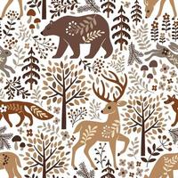 modèle sans couture avec de jolis animaux des bois, des arbres et des feuilles. illustration boisée scandinave. parfait pour le textile, le papier peint ou la conception d'impression. vecteur