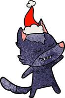 sympathique dessin animé texturé d'un loup portant un bonnet de noel vecteur