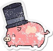 autocollant en détresse d'un cochon de dessin animé portant un chapeau haut de forme vecteur