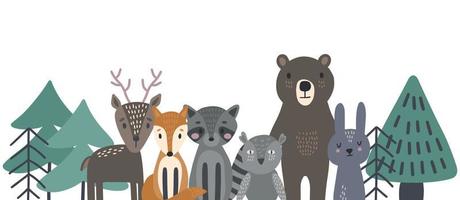 animaux mignons de style scandinave et éléments de conception. illustration moderne colorée avec place pour le texte, salutations d'anniversaire, bannière horizontale pour les vacances. vecteur