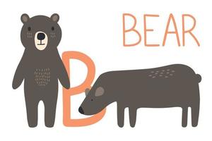 ours alphabet animal. dessiner à la main des animaux de la forêt dans un style scandinave. lettre d'apprentissage b. vecteur