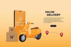 application mobile vectorielle avec concept de livraison rapide en scooter. vecteur