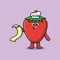 chef de fraise de dessin animé mignon avec menu à la main vecteur