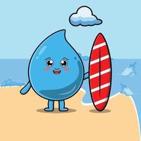 personnage de dessin animé mignon goutte d'eau jouant au surf vecteur