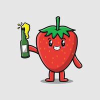 fraise de personnage de dessin animé mignon avec une bouteille de soda vecteur