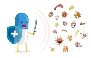 la pilule pharmaceutique protège la santé et combat les virus et germes contagieux. médecine forte de caractère avec bouclier médical et épée protégeant des bactéries pathogènes. vecteur de soins de santé antibiotique