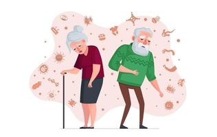 personnes âgées concept de système immunitaire faible. vieil homme malsain et femme âgée malade entourés de virus et de germes. les retraités risquent de tomber malades lors d'une infection pandémique. personne âgée sans immunité. eps vecteur