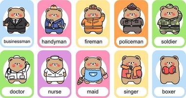 personnage de dessin animé ours profession profession ensemble, homme d'affaires, bricoleur, pompier, policier, soldat, infirmière, médecin, femme de chambre, chanteur, boxeur, carte de vocabulaire pour les enfants vecteur