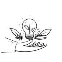 ampoule de doodle dessinée à la main avec plante à l'intérieur de l'illustration pour l'illustration de l'énergie écologique vecteur