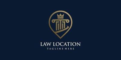 vecteur de concept de conception de logo de droit avec style d'emplacement de broche, avocat, cabinet d'avocats, justice