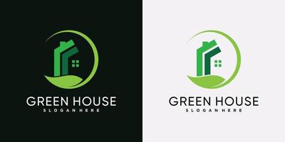 icône de logo de maison verte avec élément de feuille verte et concept créatif vecteur