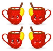 tasses kawaii. rouges. motifs d'hiver. ensemble de personnages avec du chocolat et des guimauves. vecteur