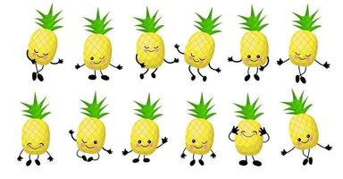 l'ananas est jaune. le personnage est gai avec les bras et les jambes. ensemble de fruits sur fond blanc .. vecteur