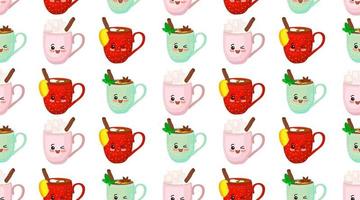 joyeux Noël. motifs mignons avec des tasses kawaii. boisson chaude. personnages du nouvel an. vecteur