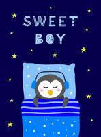 affiche avec lettrage scandinave et doodle pingouin endormi dans son lit avec oreiller, couverture. vecteur